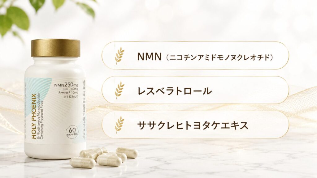 NMNサプリメントのボトル。配合している成分：NMN、レスベラトロール、ササクレヒトヨタケ